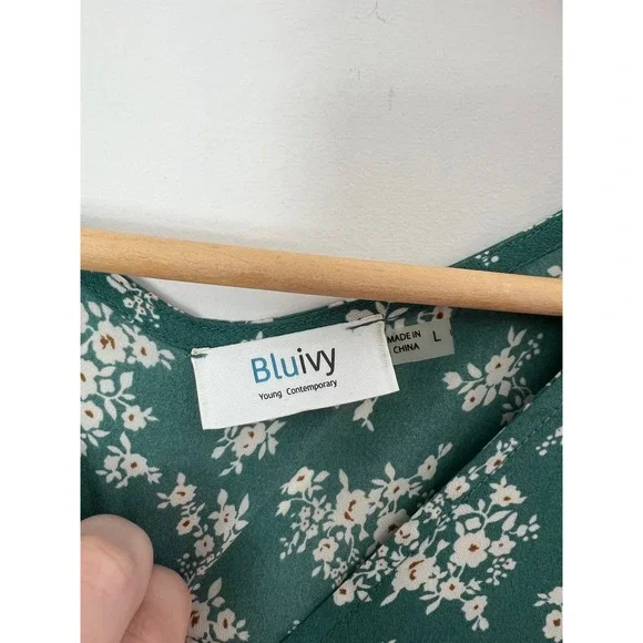 Bluivy Floral Romper Teal Green Flutter Sleeve Button Front Tie Waist Pockets L - Picture 7 of 7